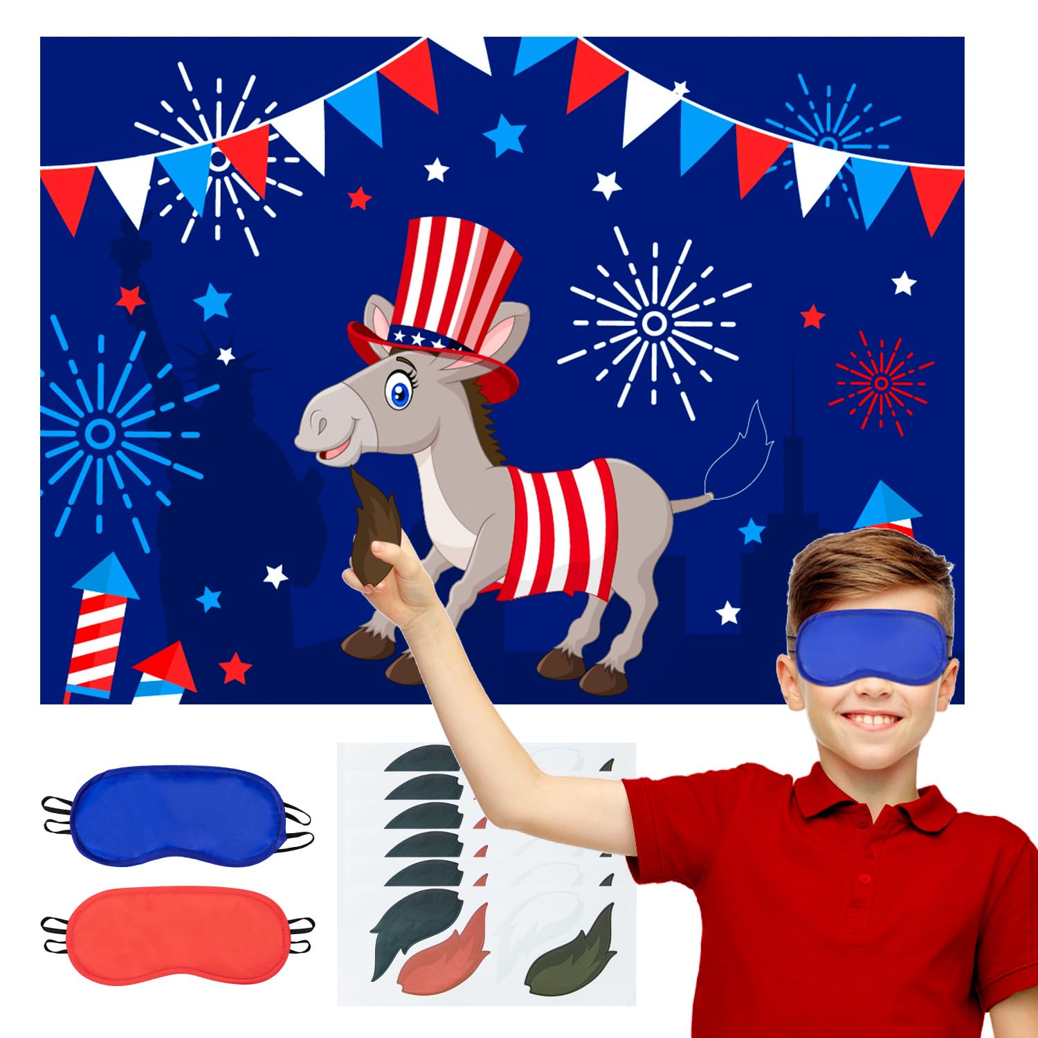 4th Of July Pin The Tail On The Donkey Game - Patriotic Party Poster, 24 Tails, Blindfolds, For Independence Day - View #3