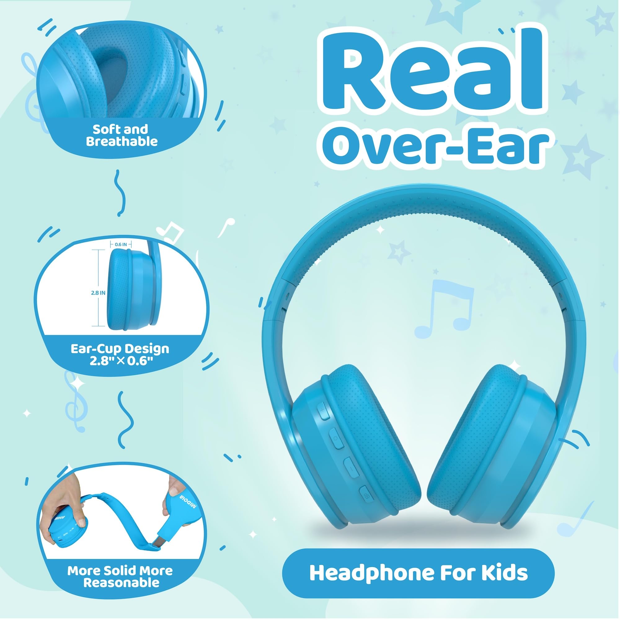 MIDOLA Kids Headphones Bluetooth 5.4 Wireless 68H Play Time Volume Limit 85/94dB Over-Ear Foldable Headset,Type-C Fast Charging,with Wired Aux Mic for Toddler Child Pad Tablet Blue