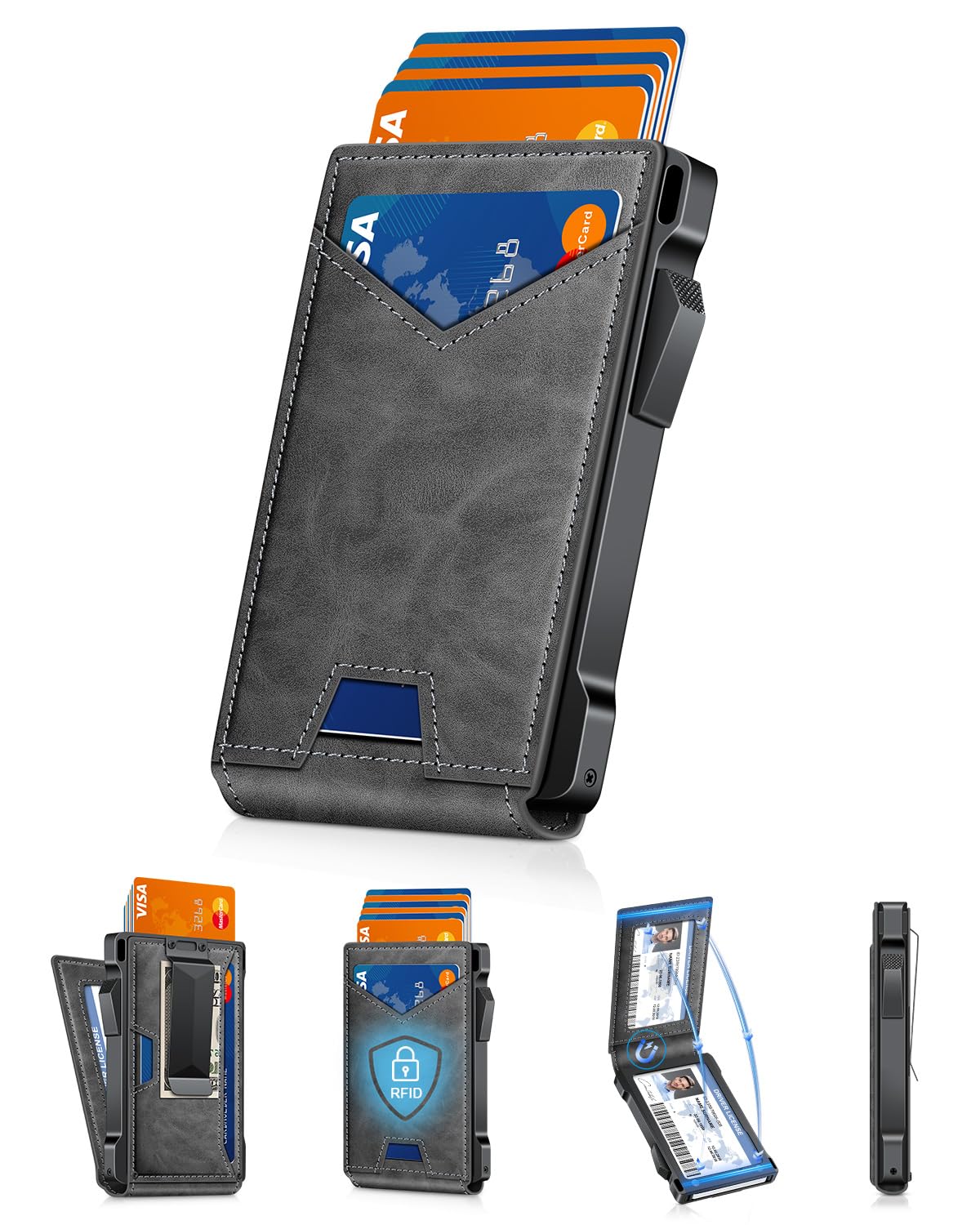 Wallet for Men RFID Wallet with 2 ID Windows & Money Clip, Slim Pop Up Card Holder for 10-12 Cards, Bifold Minimalist Smart Wallet for Front Pocket, Compact Metal Credit Card Holder, Gifts for Men Image