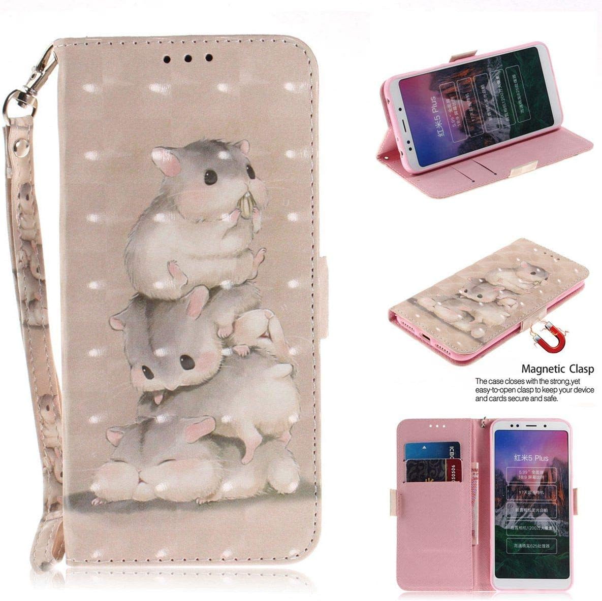 JEEXIA® Case For Xiaomi Redmi 5 Plus, Classic PU Leather Flip Wallet Cover case Built-in bracket Card Slot Anti-scratch 3D painting effect - Three squirrels