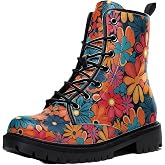 Maimeili Women Printed Ankle Boots with Flower Dragon Graffiti Pattern Cookie Stylish Floral Platform Lace-up Leather Combat Booties Casual Everyday Party Halloween Christmas