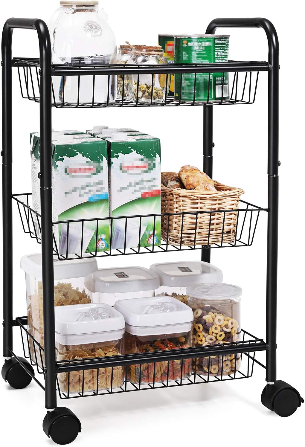 SONGMICS 3-Tier Metal Rolling Cart on Wheels with Baskets, Lockable Utility Trolley with Handles for Kitchen Bathroom Closet, Storage with Removable Shelves, Black UBSC03BK: Home & Kitchen
