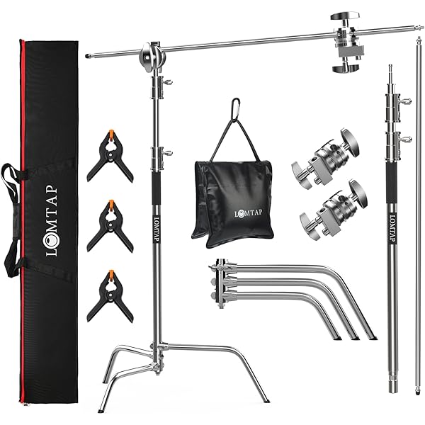 LOMTAP C Stand Light Stand Stainless Metal Photography Kit - Heavy Duty 6.8ft/210cm Vertical Pole, 2.8ft/87cm Boom Arm, Adjustable Base, Water Sandbag, 2 Grip Heads, 3 Clips for Softbox, Reflector