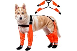 PURRHUG Dog Suspender Boots, Waterproof Tall Dog Rain Boots, Anti-Dirt Pet Legging Boots Paw Protector 4-Legged Shoes, Adjustable Snow Pants with Boot for Medium Large Dogs Outdoor Walking Hiking(Orange,L)