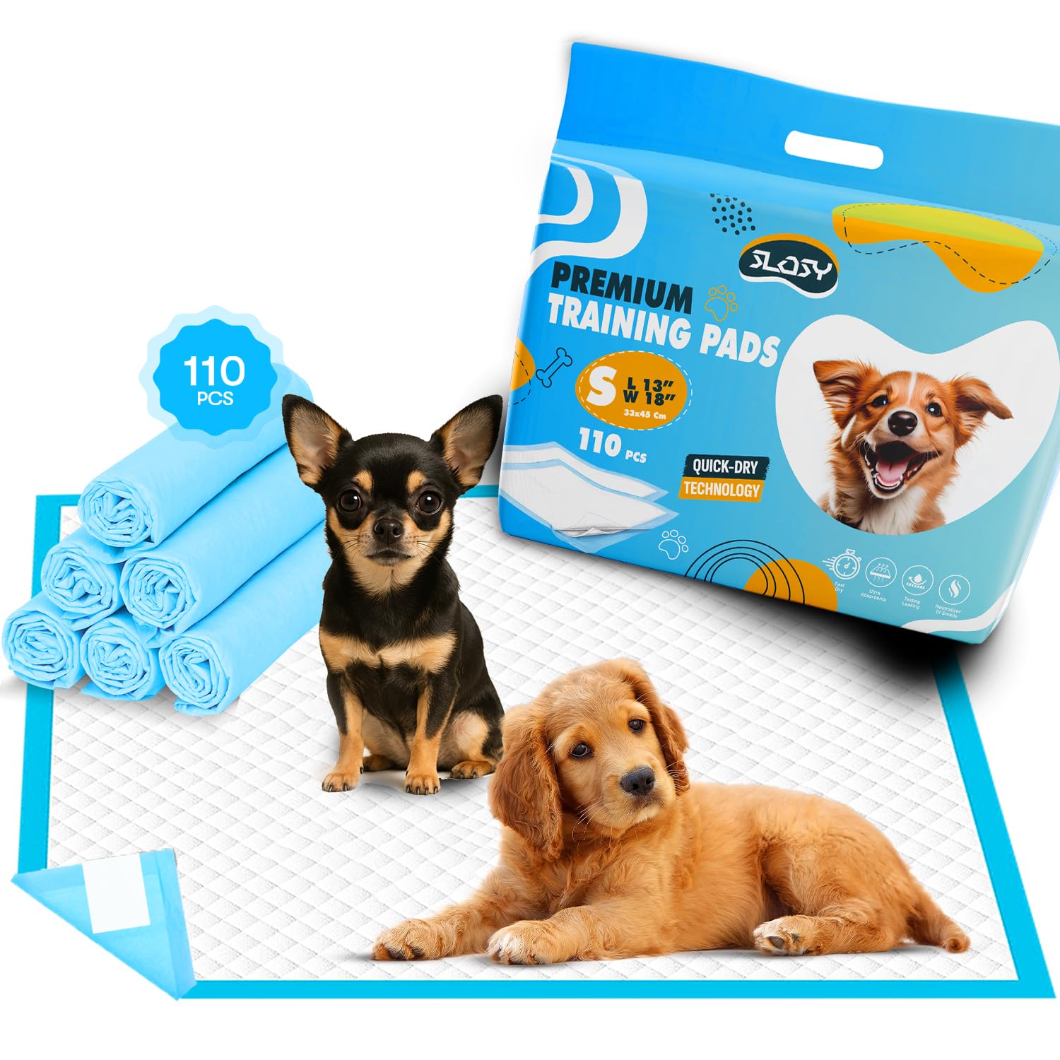 Photo 1 of [110 Pads] Slosy Puppy Pads with Adhesive Stickers Ultra Absorbent Dog Pee Pads (13" X 18") Premium Disposable Training Pads with Leak-Proof Quick-Dry, Anti Odor Pads for Dogs, Cats, Rabbit, Pigs...