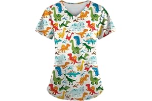 OIOLOYJM Scrubs for Women Set Animal Print Tops for Women V Neck Cartoon Pattern Short Sleeve Nursing Tops with Pockets