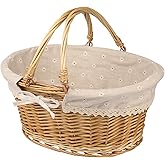 Large Multipurpose Wicker Basket with Handle, 14.2 x 11 x 6.7 in Wicker Picnic Basket with Liner, Empty Gift Basket, Oval Willow Woven Basket for Fruit, Wine, Gathering, Wedding, Picnic, by GNIEMCKIN