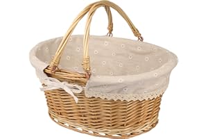 Large Multipurpose Wicker Basket with Handle, 14.2 x 11 x 6.7 in Wicker Picnic Basket with Liner, Empty Gift Basket, Oval Willow Woven Basket for Fruit, Wine, Gathering, Wedding, Picnic, by GNIEMCKIN