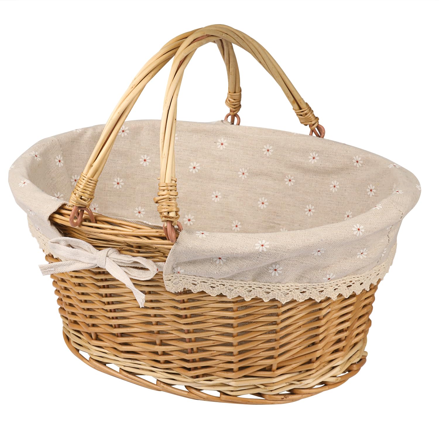 Photo 1 of Large Multipurpose Wicker Basket with Handle, 14.2 x 11 x 6.7 in Wicker Picnic Basket with Liner, Empty Gift Basket, Oval Willow Woven Basket for Fruit, Wine, Gathering, Wedding, Picnic, by GNIEMCKIN