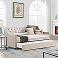 Obuvar Daybed with Trundle, Upholstered Velvet Day Bed Frame with Tufted Button, Modern Furniture Sofa Bed for Living Room, Bedroom, Guest Room, Dorm, No Box Spring Needed, Beige Full Size
