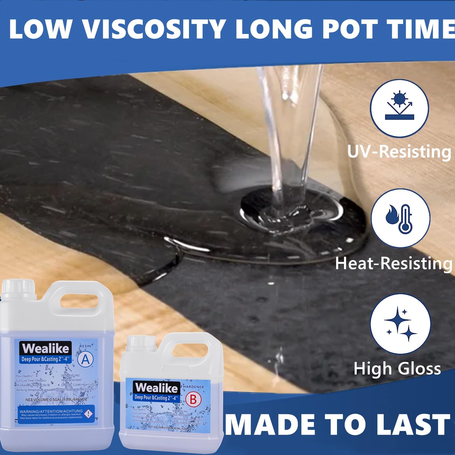 Deep Pour Epoxy Resin,Wealike Epoxy Resin Kit,48oz Crystal Clear Casting Resin for River Tables,Molds,Wood,Self Leveling with Gloss,Low Viscosity,Long Working Time 2''Deep Pour (2:1 Ration)