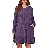 BELAROI Plus Size Sweater Dress Crew Neck Long Sleeve Casual Fall Winter Loose Tunic Dress Pockets Ruffle Hem