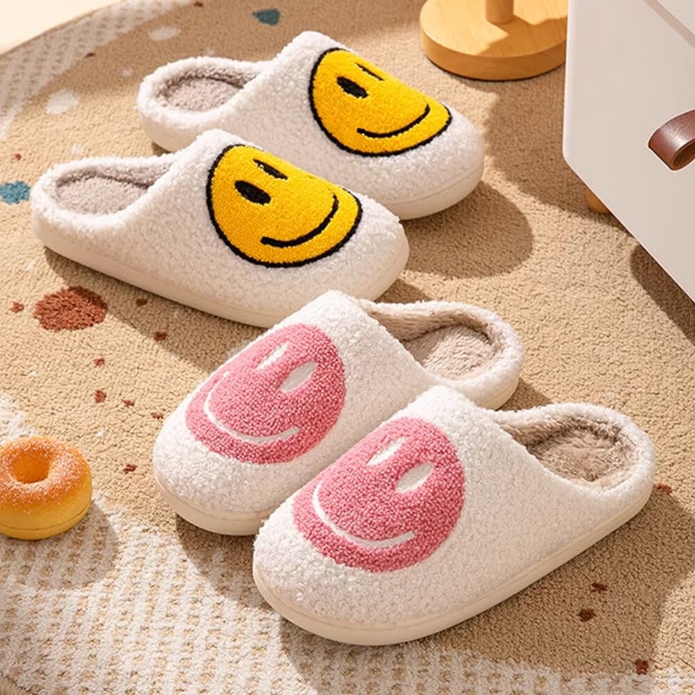 dubuto Smile Face Slippers for Girls Boys, Cute Soft Plush Anti-slip House Kids Girls Slippers with Memory Foam Warm Cartoon Happy face Shoes for Indoor Outdoor