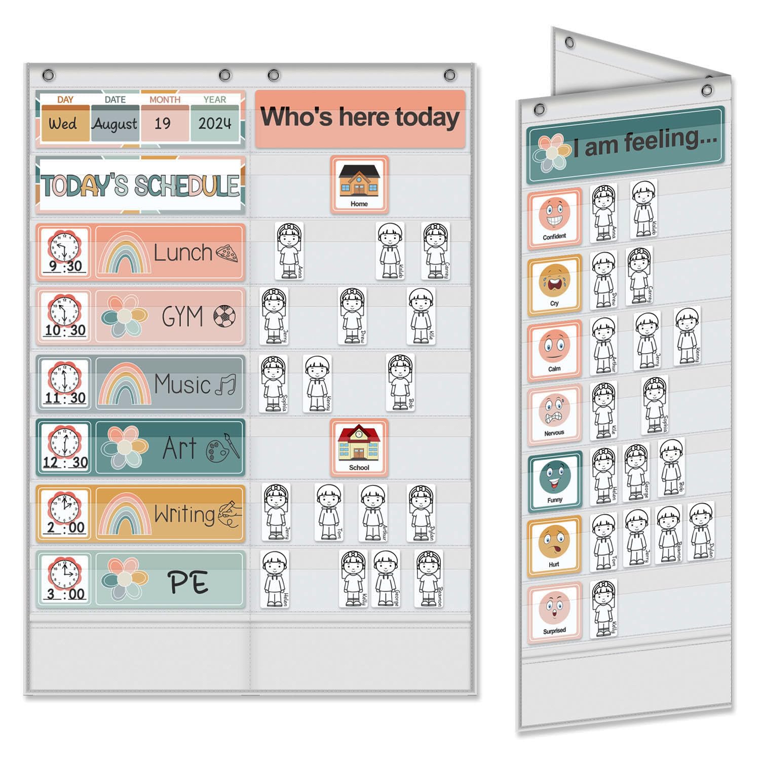 Photo 1 of ABCKEY Class Schedule Pocket Chart, Double-Sided Foldable, for Teacher and Student Use,Schedule Cards, Attendance Cards, Mood Cards (Rainbow (White))