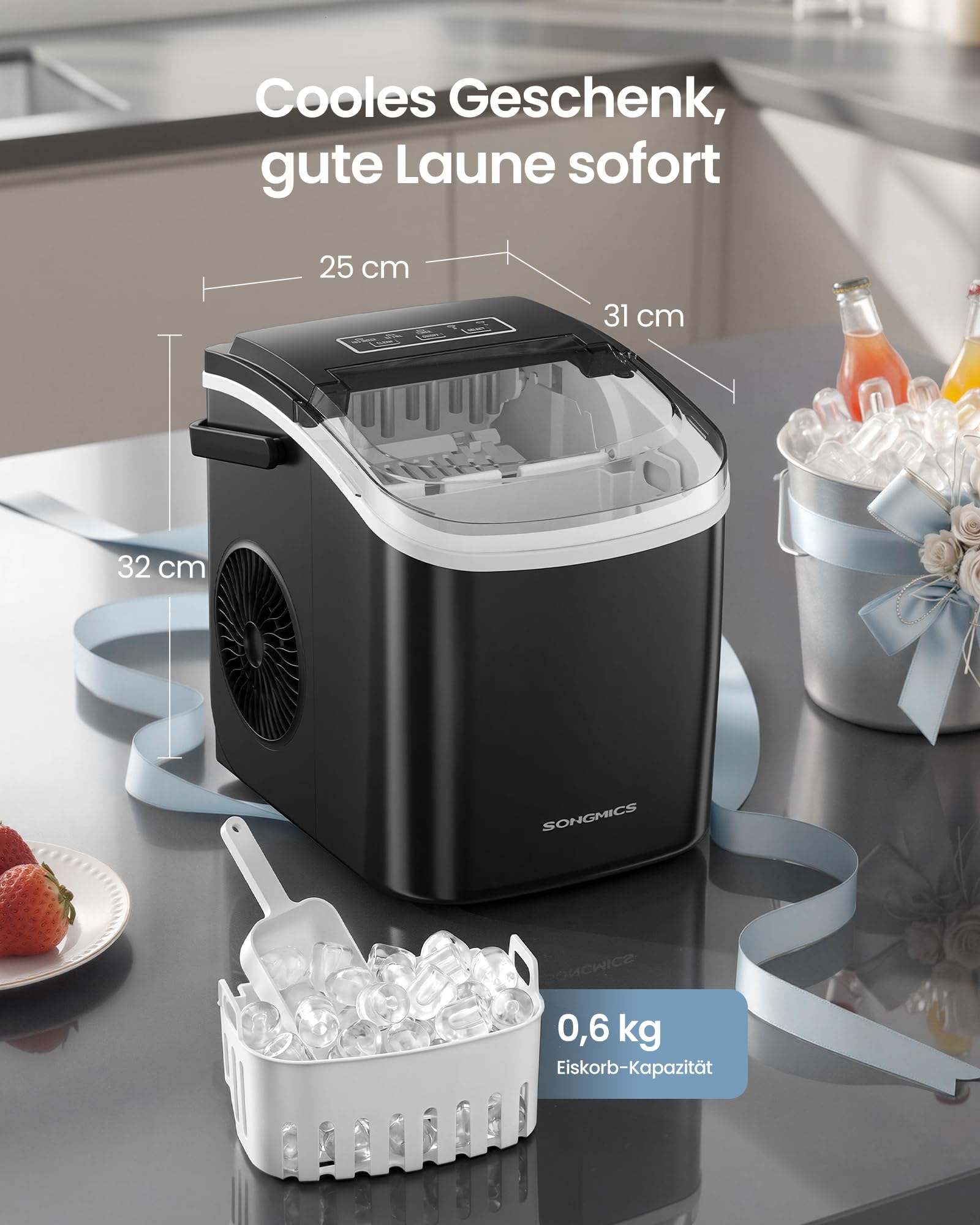 SONGMICS Eiswürfelmaschine, Eiswürfelbereiter, Eismaschine mit Selbstreinigung, in 6 Minuten 9 Würfel in 2 Größen, 12 kg in 24 Stunden, tragbar, Küche, WG, Party, Camping, tintenschwarz XZB001B1EU 7
