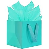 KEYYOOMY Teal Blue Square Gift Bags with Handles Gift Bags Medium Size with Tissue Paper Party Favor Bag for Birthday Weeding (10 CT, 8x8x8 Inch, Teal Blue)