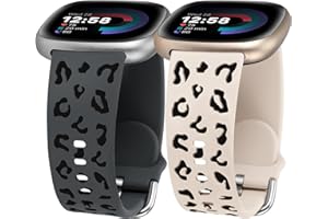Minyee 2 Pack Leopard Engraved Band Compatible with Fitbit Versa 4/Versa 3/Sense 2/Sense Band Women, Two-Tone Cheetah Soft Silicone Sport Designer Fancy Summer Replacement Wristband Strap for Versa 4