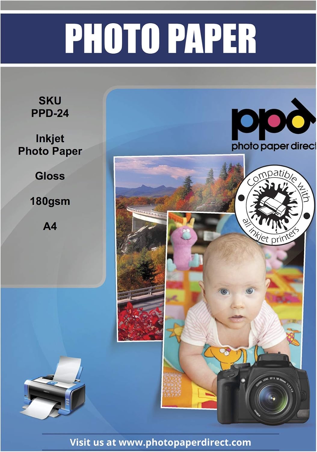 PPD 100 Sheets A4 Inkjet Glossy Photo Paper 180gsm Instant Dry PPD-24-100, white