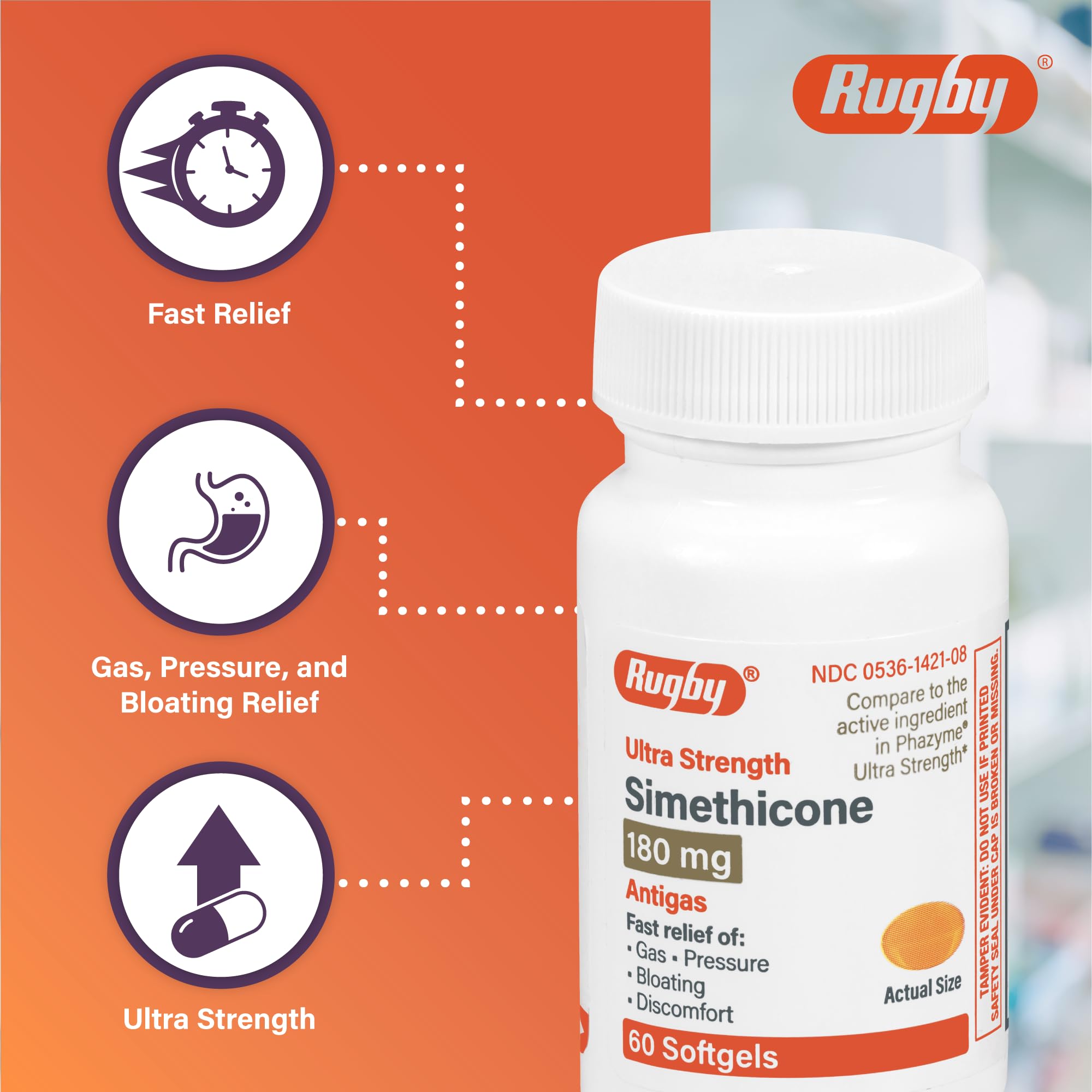Rugby Ultra Strength Simethicone Gas Relief 180 mg - Maximum Gas Relief for Adults - May Help with Symptoms of Flatulence, Bloating, Gas Fullness - 60 Softgels (2 Pack)
