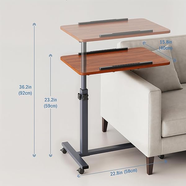 LAPTOP TABLE MOBILE ADJUSTABLE HEIGHT PORTABLE DESK NOTEBOOK SWIVEL PC COMPUTER ROLLING DESK WITH WHEELS, LAPTOP STAND FOR COUCH BEDSIDE HOSPITAL BED TABLE (DARK WALNUT)