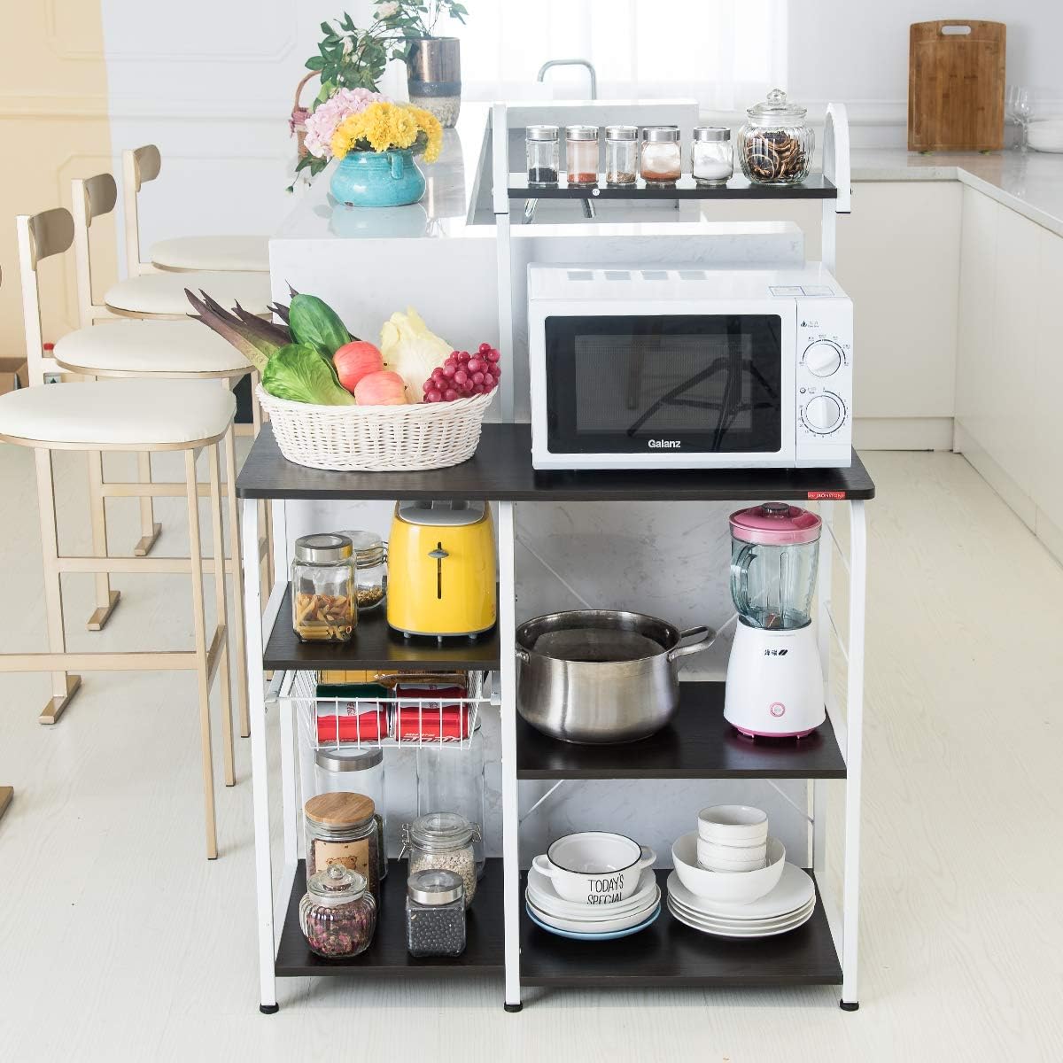 Mr IRONSTONE Kitchen Baker's Rack Utility Storage Shelf 35.5" Microwave Stand 3-Tier+4-Tier Shelf for Spice Rack Organizer Workstation(Dark Brown) - Standing Baker's Racks