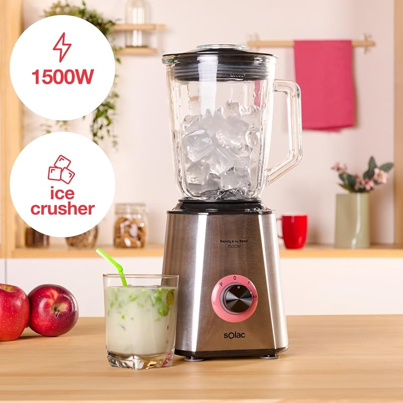 BV5728 Beauty and the Beast 1500 - Batidora de vaso, 1500W, cuchillas 6 filos de acero inoxidable, 2 velocidades + Turbo, pica hielo, jarra cristal graduada 1.5L, boca llenado, sistema seguridad