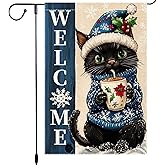 Christmas Welcome Cat Garden Flag 12x18 Inch Double-Sided Burlap Holiday Decor Featuring Snowy Kitty with Hot Cocoa
