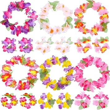 EDTara 12Pcs Simulate Thicken Hawaiian Leaf Garland + Neck Ring + Headband + Bracelet Set
