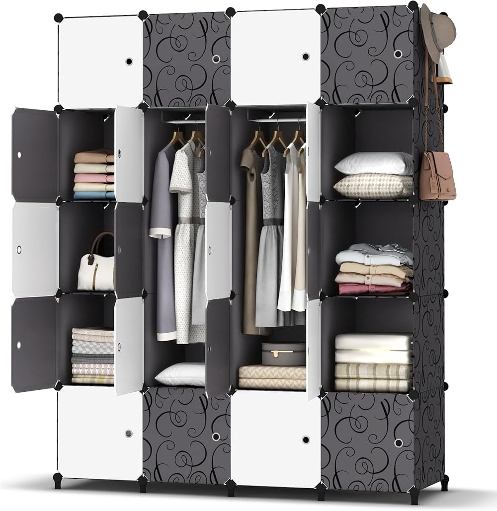 HOMIDEC Portable Wardrobe 20 Cube Closet with 3 Hanging Rails Black White