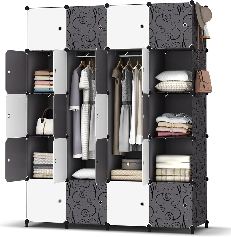 HOMIDEC Portable Wardrobe 20 Cube Closet with 3 Hanging Rails Black White