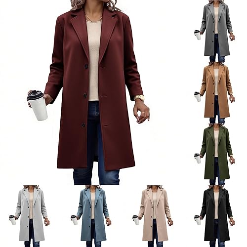 tacniseyw Trench Coat Women Single Breasted Notched Lapel Overcoat Winter Warm Wool Blend Coats Mid-Length Coat Ladies Lightweight Windproof Long Jackets Thicken Thermal Peacoats Casual Outwear