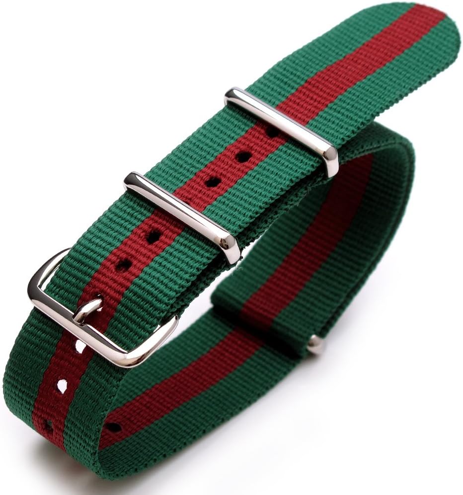 22mm G10 Nato James Bond Heavy Nylon Strap Polished Buckle - Green-Red-Green