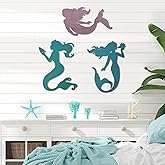 Qunclay Set of 3 Mermaid Wall Bathroom Decor Wooden Silhouettes Mermaid Art Hanging Farmhouse Ocean Themed Wall Decorations for Bedroom Room Accessories Rustic Elegant