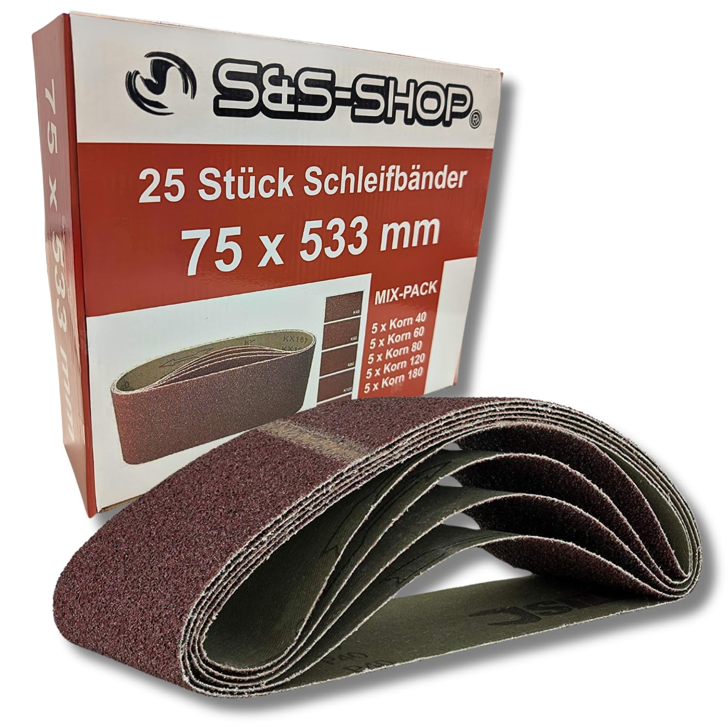 Pack of 25 Mixed Sanding Belts for Belt Sanders 75 x 533, 5 Grits 5 x Grit 40/60/80/120/180/Pack/Mix/Sanding Belts