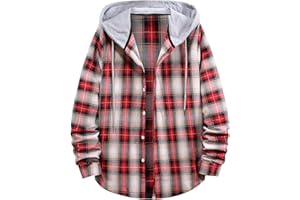 Aymnlox Hoodies for Men Fashion Long Sleeve Plaid Button Shirts Jacket With Hood Casual Stylish Drawstring Sweatshirts