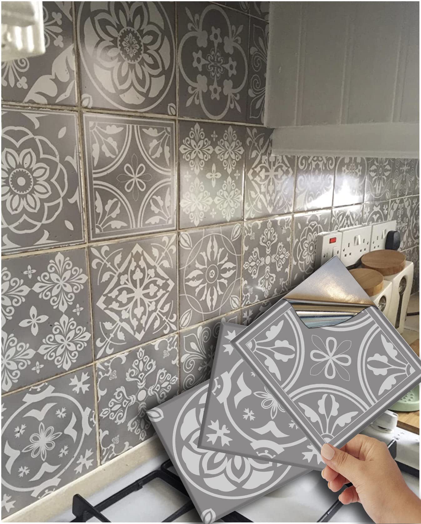 48 Grey Tile Stickers Mosaic Style Tile Stickers Transfers Cover for Kitchen Bathroom Wall Peel n Stick Decals (6"- 48 Stickers)