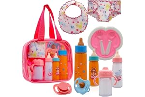 Baby Doll Accessories Magic Bottle Set - 11 Pieces Doll Feeding Pretend Playset with Disappearing Milk & Juice Bottles, Pacifiers Bowl Diaper and Bib Doll Bottle Toys set Gift for Kids Girls Ages 3+