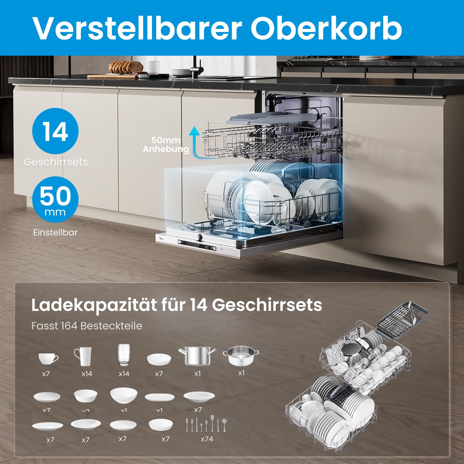 Midea SV 5.14K14C Geschirrspüler Vollintegriert 60cm, 14 Maßgedecke, Spülmaschine Unterbaufähig mit WIFI, 8 Programme, 44 dB, Automatische Türöffnung, 0-24H Startverzögerung, Inox 3