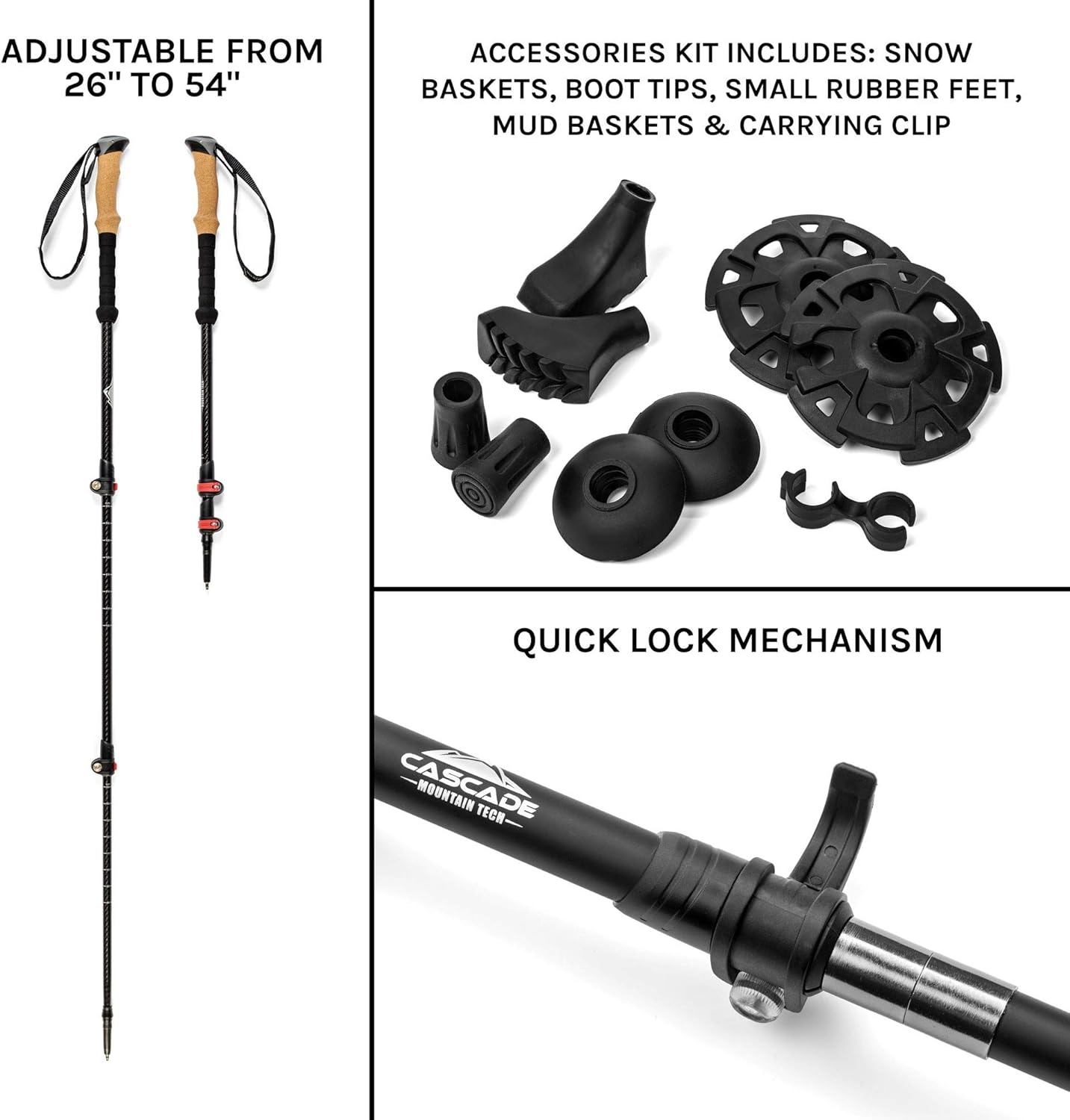 Cascade Mountain Tech Trekking Poles - Carbon Fiber Strong Adjustable Hiking or Walking Sticks - Lightweight Quick Adjust Locks - 1 Set (2 Poles), Green : Clothing