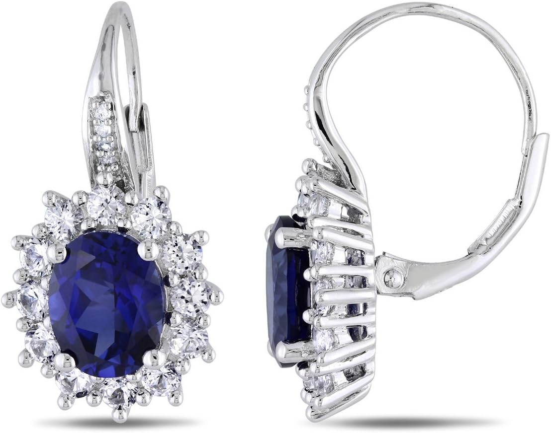 Created Blue Sapphire and Created White Sapphire Earrings 8.00 Carat (ctw) with Diamonds in Sterling Silver