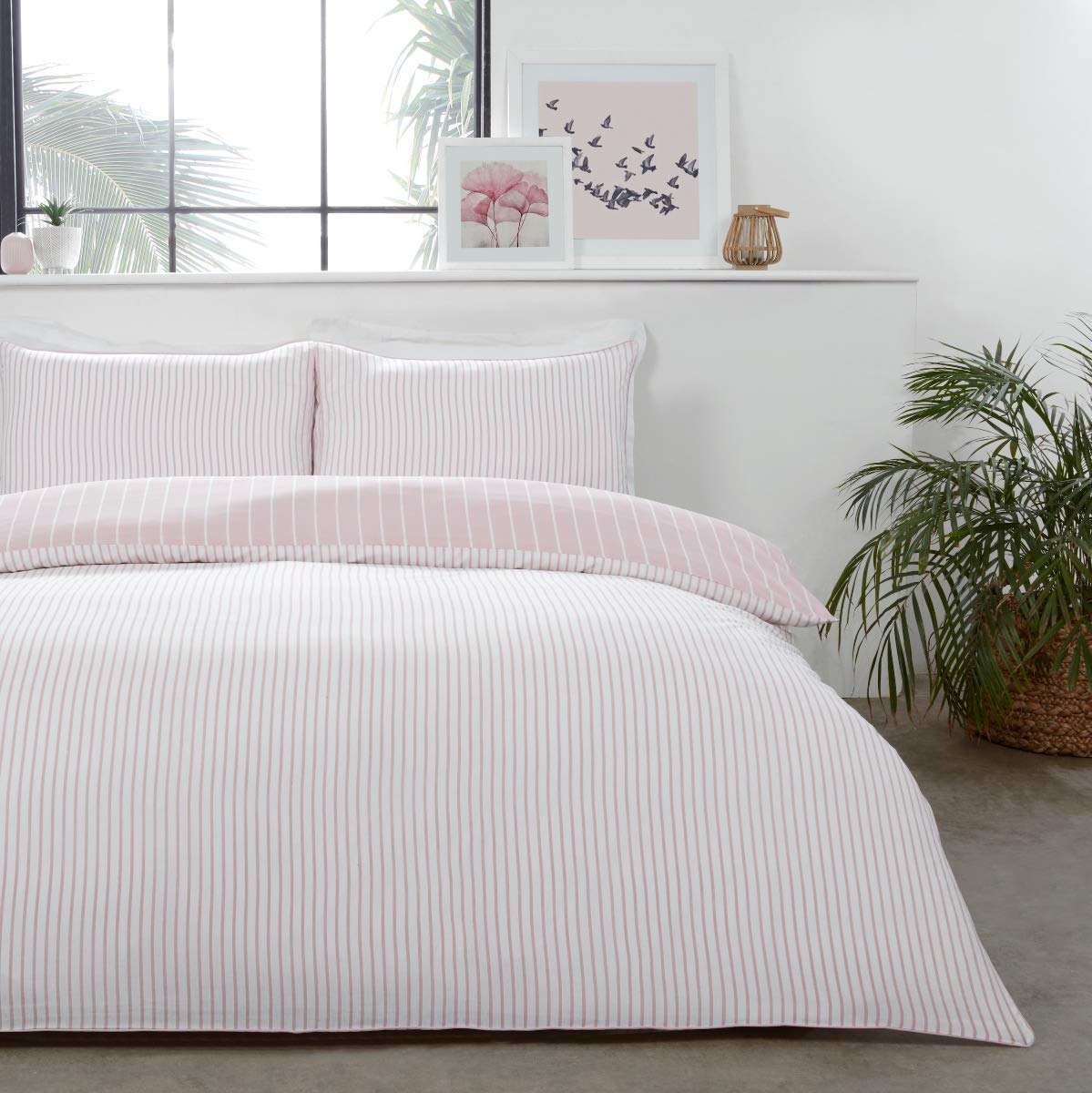 Sleepdown Mini Stripe Blush Pink White Reversible Soft Easy Care Duvet Cover Quilt Bedding Set with Pillowcases-King (220cm x 230cm), Polycotton