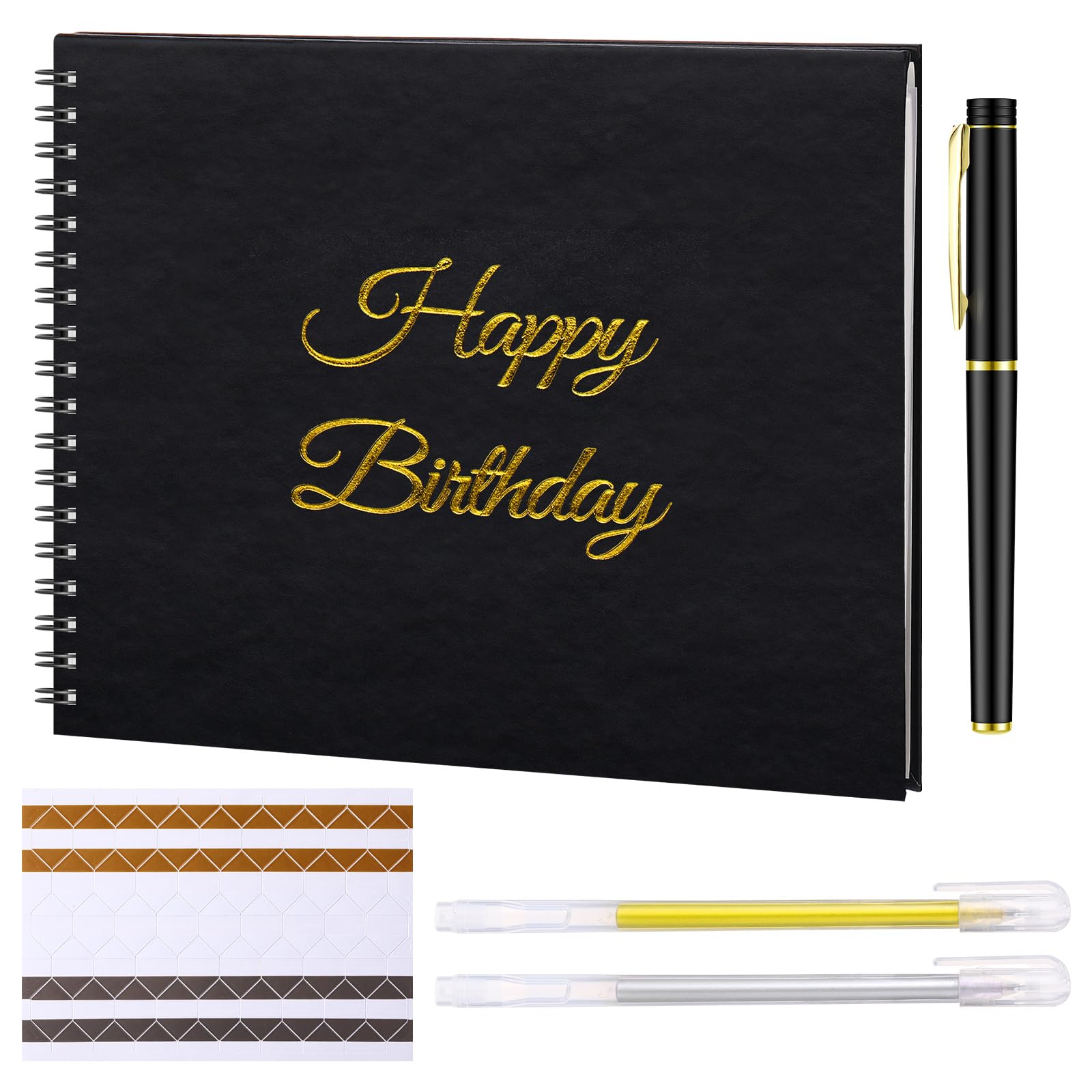 Photo 1 of Mooliwe Birthday Guestbook with Pens Stickers Happy Birthday Signature Book 8.3 x 6.5 Inch Black Gold Birthday Guestbook for Birthday Photobooth Photo Strips Scrapbook Birthday Gift Party Supplies