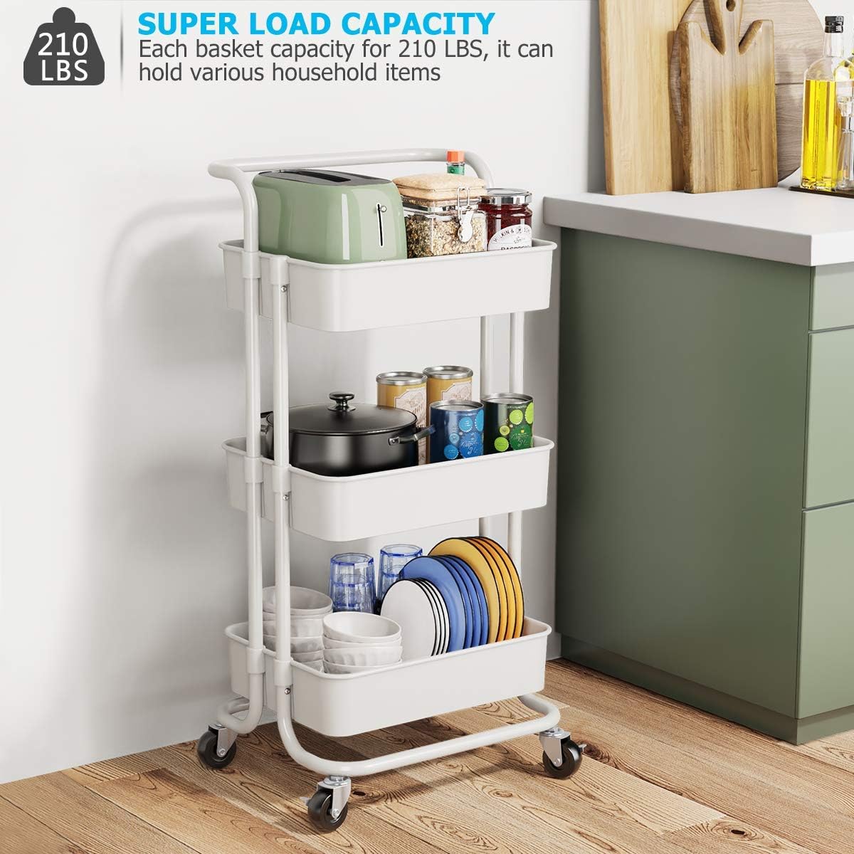 Homemaxs 3 Tier Rolling Utility Storage Cart with Handles and Roller Wheels Craft Cart for Kitchen, Coffee Bar, Microwave Cooking Station, Storage, Office, Bathroom (White : Office Products