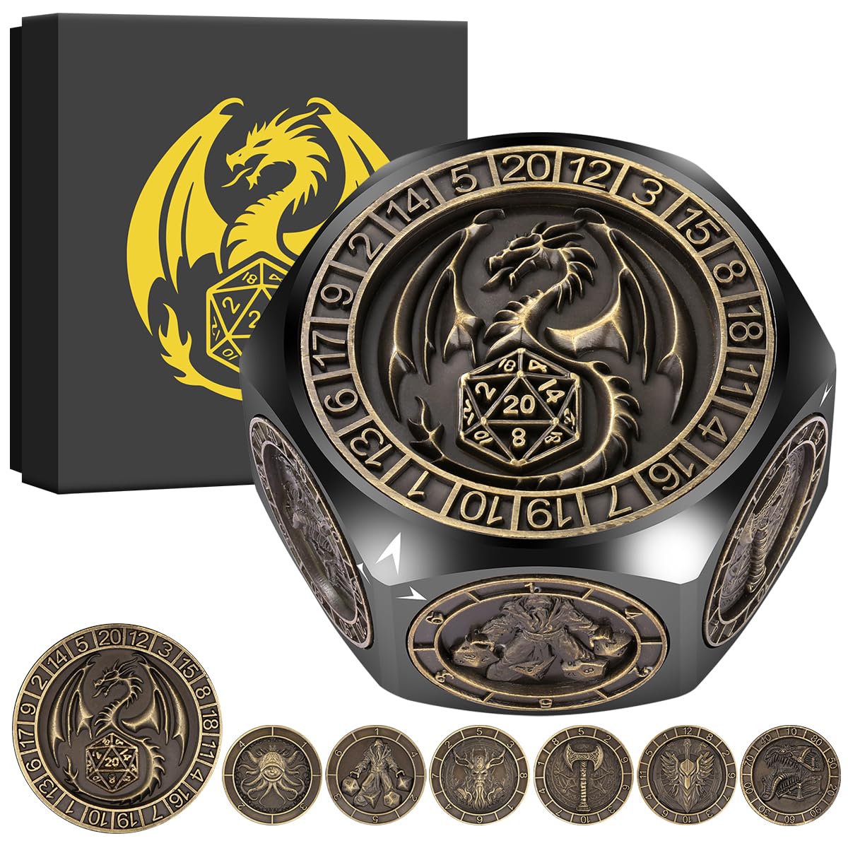 LULLEA Metal D20 Spinner Dice – Fantasy Polyhedral Dice for Tabletop RPG, Mythical Gaming Accessory and Gift for Gamers and Dungeon Masters, Black with Gift Box