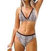 CUPSHE Women's Two Piece Bikini Sets V Neck Bathing Suits Ladder Trim Back Hook Adjustable Straps