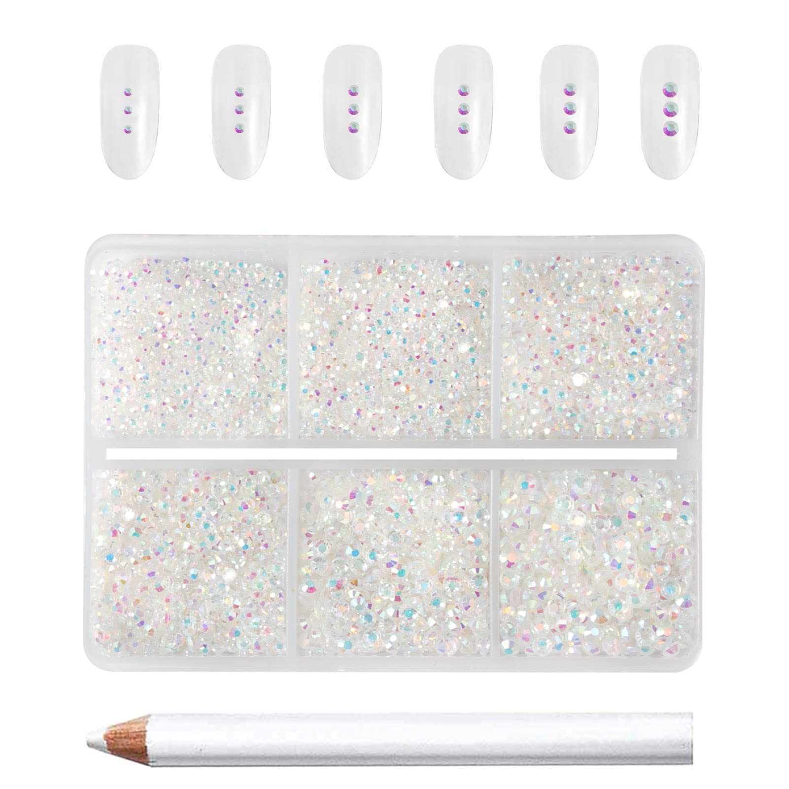 Beadsland 7200 Pcs Flatback Rhinestones for Nails,Transparent Round Small Crystal Glass Rhinestones Gems for Crafts,Mixed 6 Sizes with Wax Pencil Kit,SS3-SS10,Transparent AB