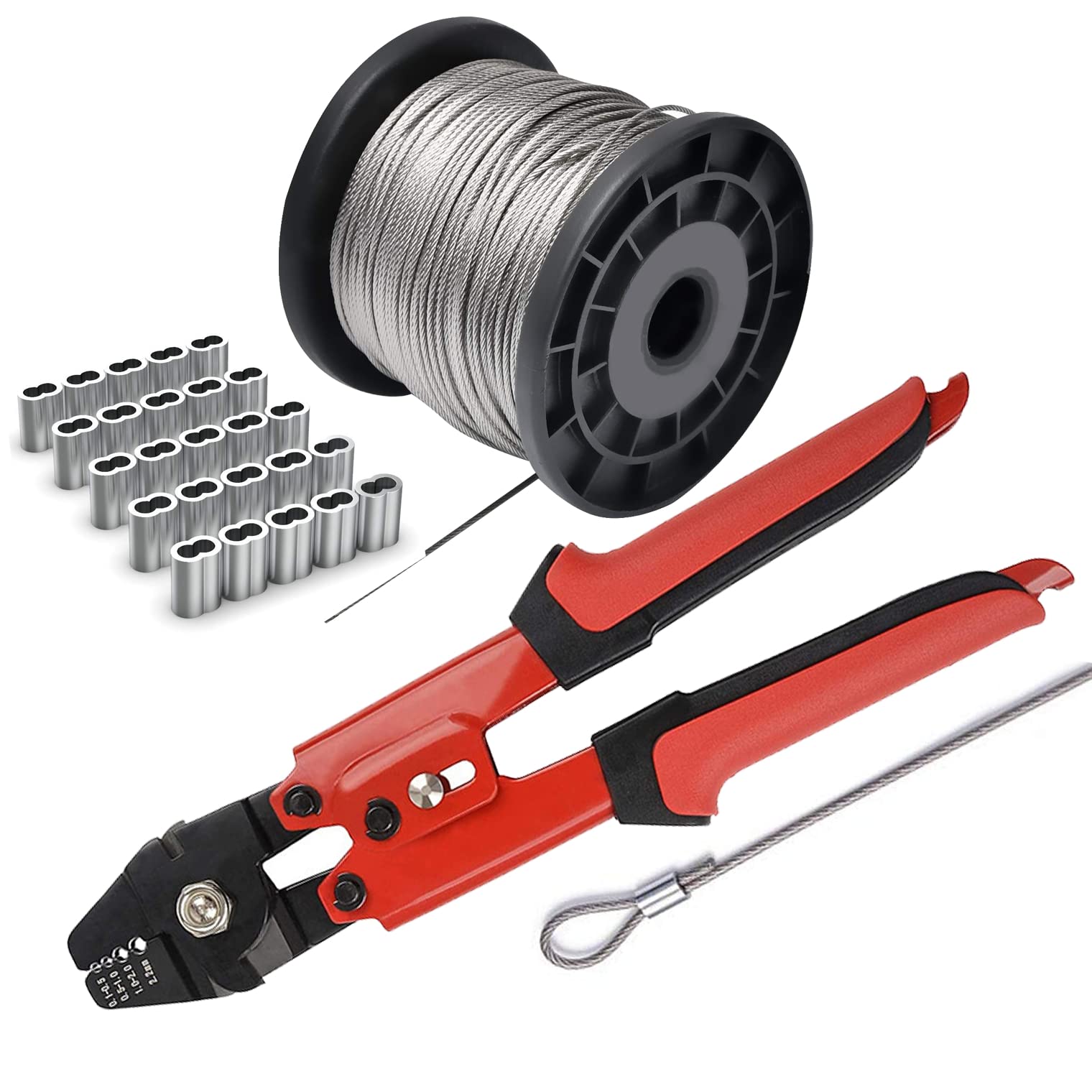 Photo 1 of Wire Rope Crimping Tool Kit, with 1/16-304 Stainless Steel Cable 165 ft (7x7 Strand Core), 100 Cable Ferrule Aluminum Loop Sleeve Stops (165ft Rope 100 Loop, Red, 1)