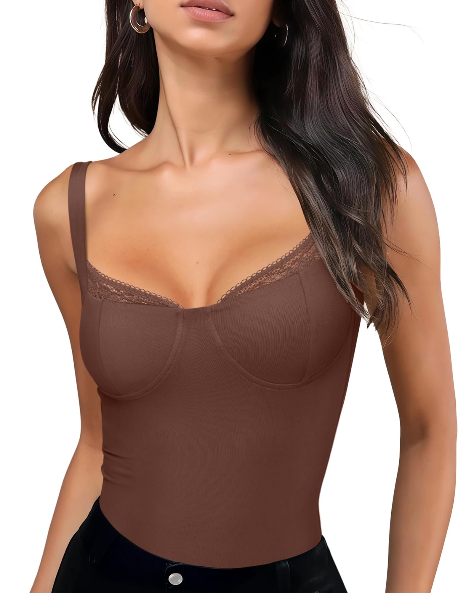 Photo 1 of REORIA Lace Trim Tank Top Bodysuit for Women Sleeveless Square Neck Sexy thong bodysuit Going Out Bustier holiday Club Tops