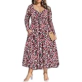 CARCOS Plus Size Dresses for Curvy Women Tie Sweetheart Neck Fall Maxi Dress Long Sleeve Empire Waist Floral Boho Dress