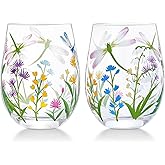 NymphFable Hand Painted Stemeless Wine Glass 18oz Set of 2 Dragonfly Flowers Wine Tumbler Personalised Birthday Gifts for Her